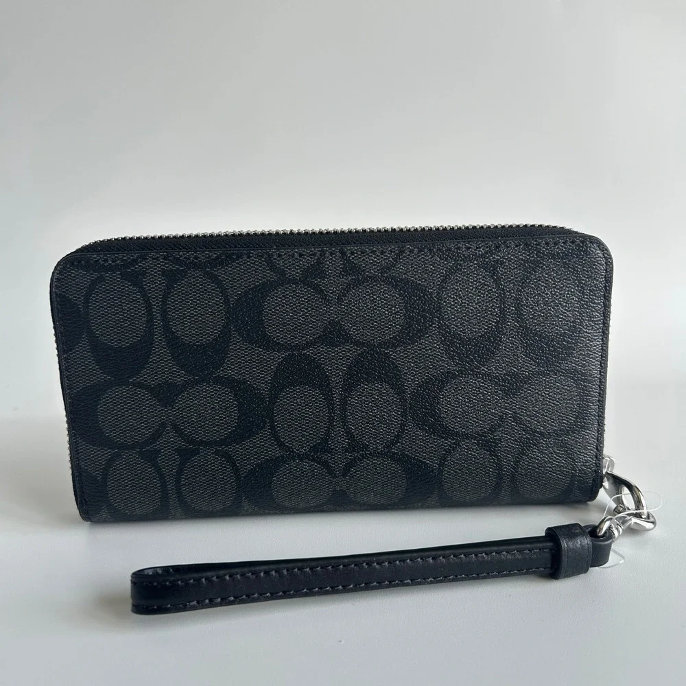 Coach Long Zip Around Wallet Graphite/Black Signature Canvas C4452 Like New